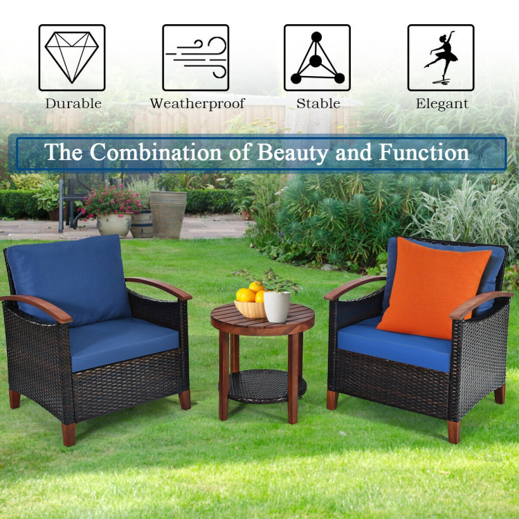 3 Pieces Patio Rattan Furniture Set with Washable Cushion and Acacia Wood Tabletop-BlueCostway Gallery View 2 of 11