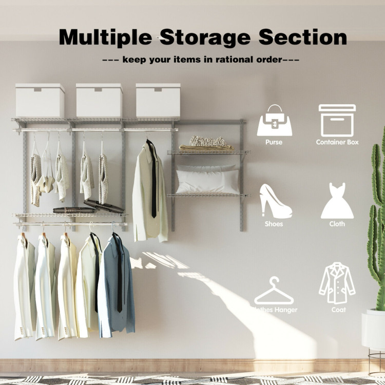 3 to 6 Feet Wall-Mounted Closet System Organizer Kit with Hang Rod-GrayCostway Gallery View 3 of 12