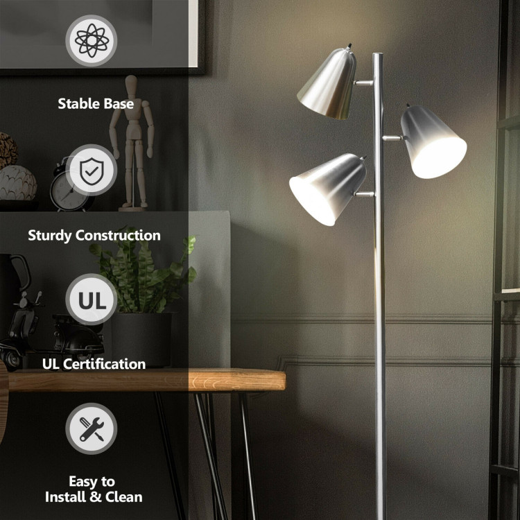 64 Inch 3-Light LED Floor Lamp Reading Light for Living Room Bedroom-SilverCostway Gallery View 2 of 11