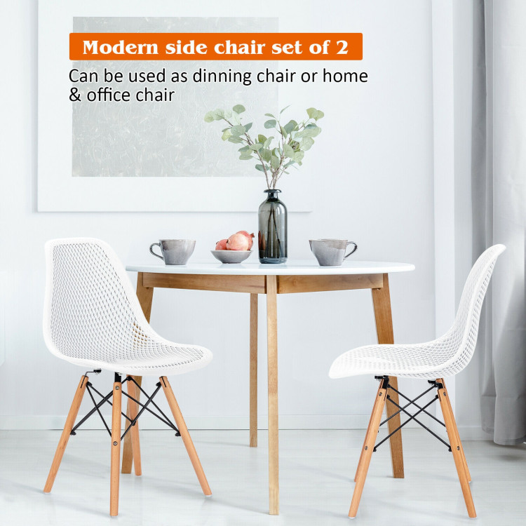 2 Pcs Modern Plastic Hollow Chair Set with Wood Leg-WhiteCostway Gallery View 2 of 12