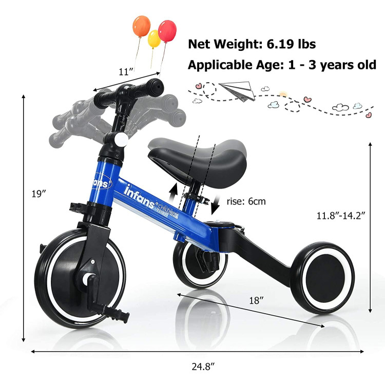 3 in 1 3 Wheel Kids Tricycles with Adjustable Seat and Handlebarfor Ages 1-3-BlueCostway Gallery View 2 of 9