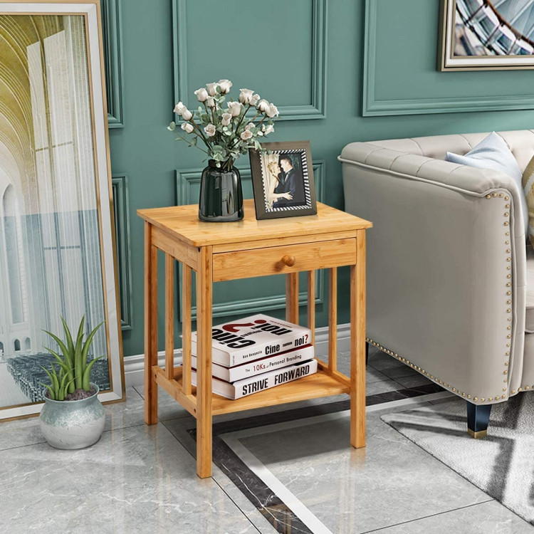 Multipurpose Bamboo End Table  with Drawer and Storage Shelf for Living Room-NaturalCostway Gallery View 1 of 9