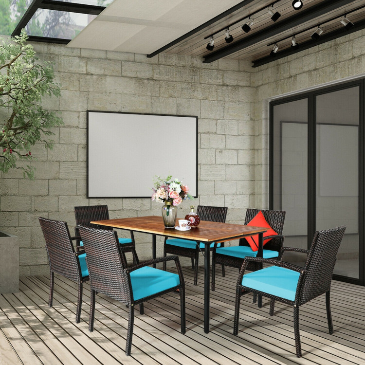 7Pcs Patio Rattan Cushioned Dining Set with Umbrella Hole-TurquoiseCostway Gallery View 8 of 12