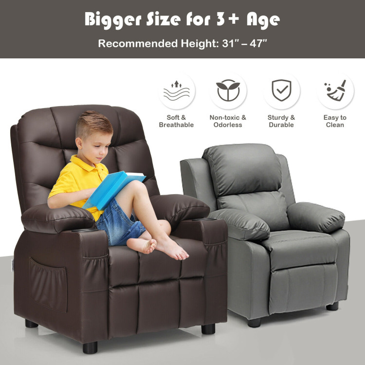 PU Leather Kids Recliner Chair with Cup Holders and Side Pockets-BrownCostway Gallery View 3 of 12