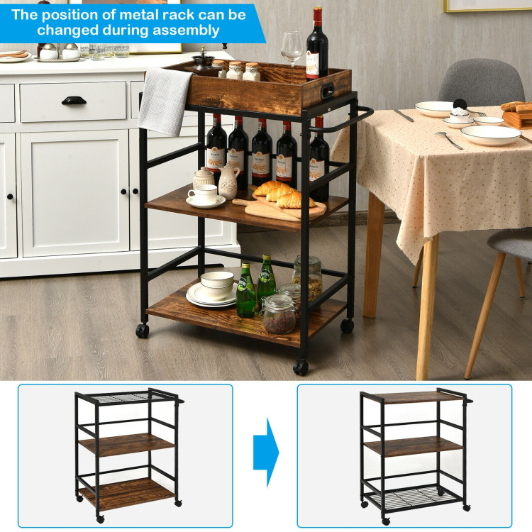 3-Tier Kitchen Serving Bar Cart with Lockable Casters and Handle Rack for Home Pub-Rustic BrownCostway Gallery View 12 of 13