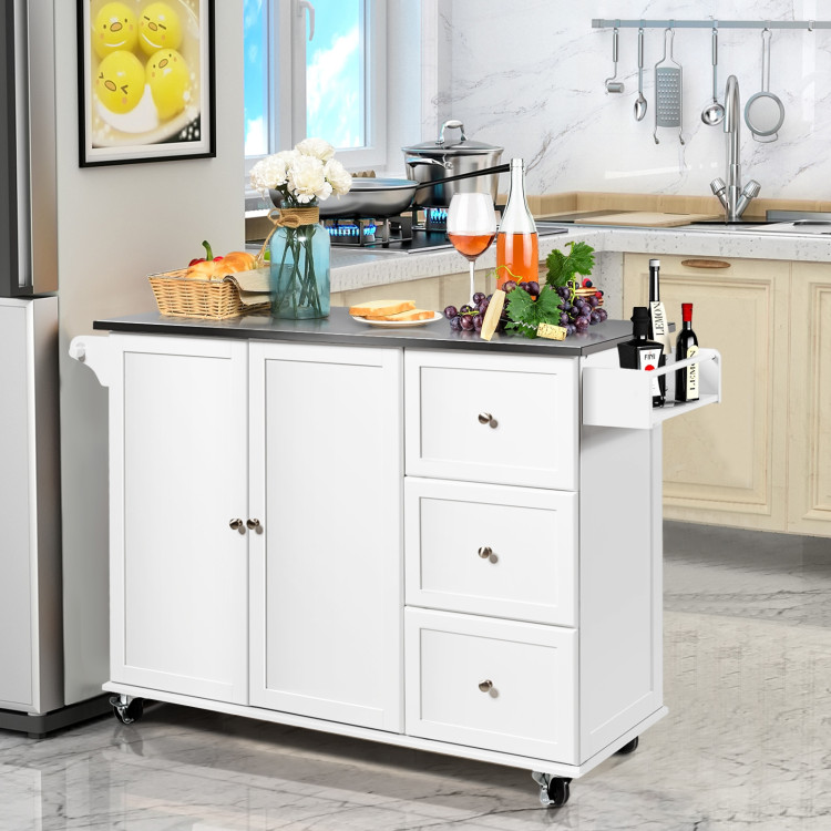 Kitchen Island 2-Door Storage Cabinet with Drawers and Stainless Steel Top-WhiteCostway Gallery View 1 of 15