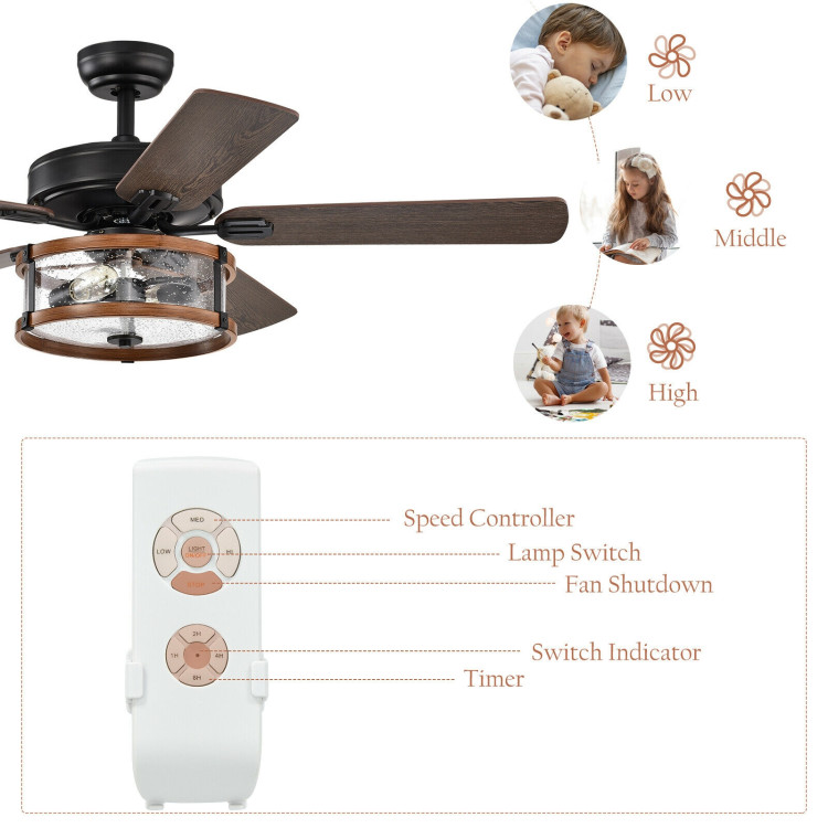 52" Retro Ceiling Fan Lamp with Glass Shade Reversible Blade Remote ControlCostway Gallery View 10 of 12