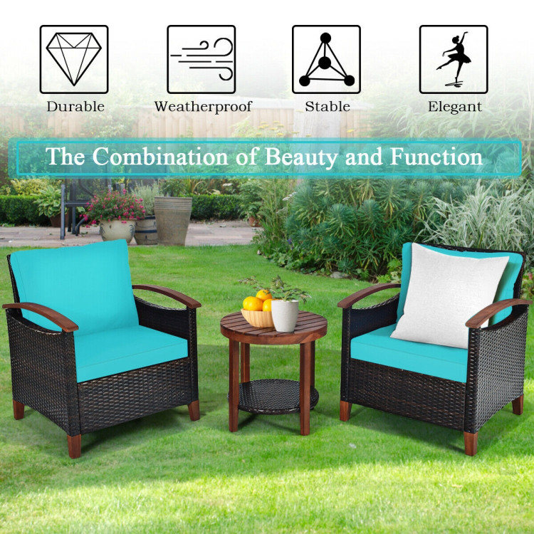 3 Pieces Patio Rattan Furniture Set with Washable Cushion and Acacia Wood Tabletop-TurquoiseCostway Gallery View 2 of 12