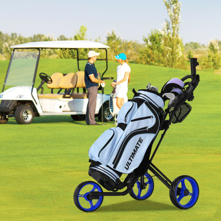Folding 3 Wheels Golf Push Cart with Brake Scoreboard Adjustable Handle-BlueCostway Gallery View 8 of 12