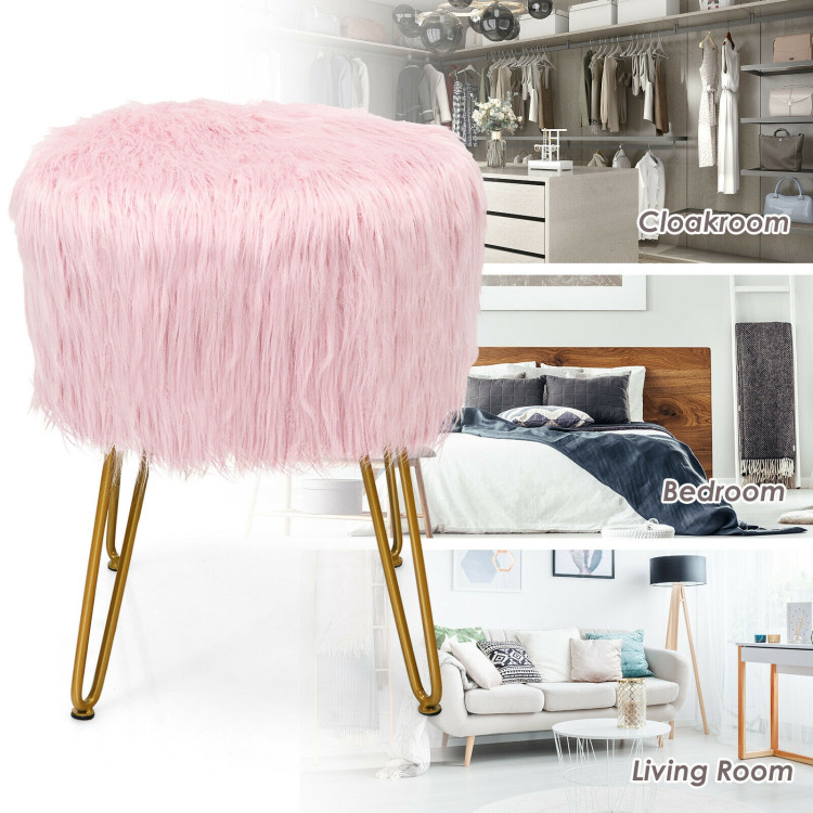 Faux Fur Vanity Stool Chair with Metal Legs for Bedroom and Living Room-PinkCostway Gallery View 9 of 11