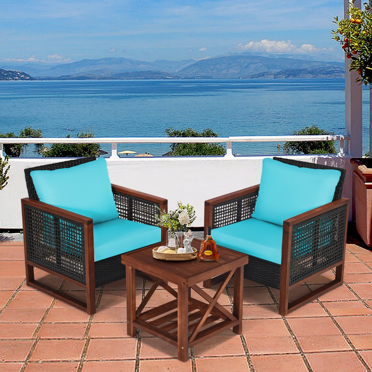 3 Pieces Patio Wicker Furniture Set with Washable Cushion and Acacia Wood Coffee Table-TurquoiseCostway Gallery View 7 of 12