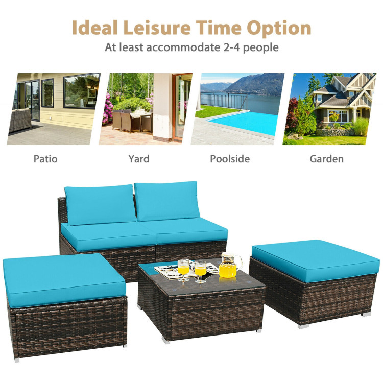 5Pcs Patio Rattan Wicker Furniture Set Armless Sofa Ottoman Cushioned-TurquoiseCostway Gallery View 2 of 12