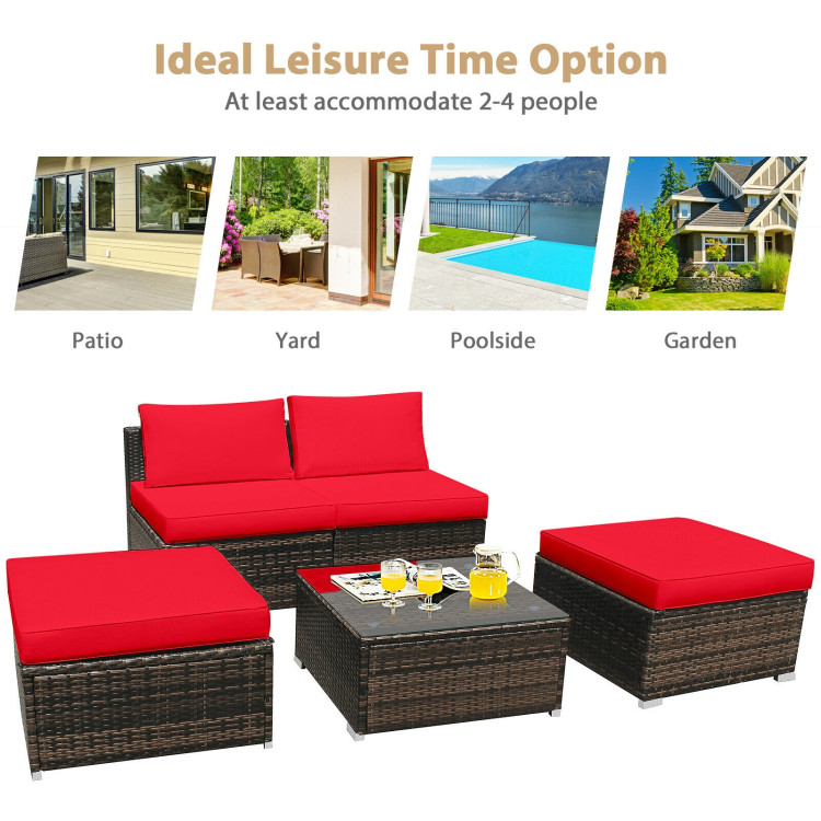 5 Pieces Patio Rattan Furniture Set with Cushioned Armless Sofa-RedCostway Gallery View 12 of 12