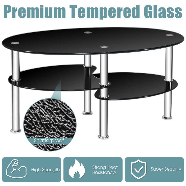 Tempered Glass Oval Side Coffee Table-BlackCostway Gallery View 10 of 11
