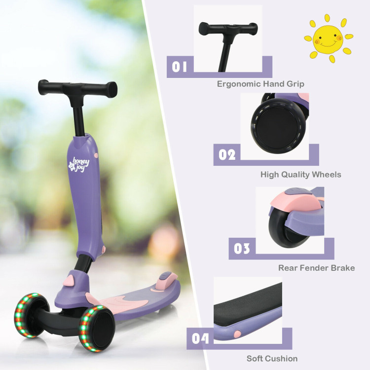 2-in-1 Kids Kick Scooter with Flash Wheels for Girls and Boys from 1.5 to 6 Years Old-PurpleCostway Gallery View 9 of 10