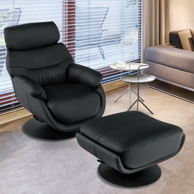 360° Swivel Leather Lounge Chair with Ottoman and Thick Footstool-BlackCostway Gallery View 6 of 12