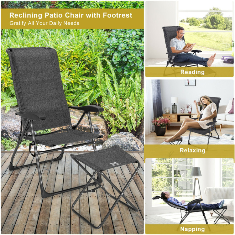 4 Pieces Patio Adjustable Back Folding Dining Chair Ottoman Set-GrayCostway Gallery View 2 of 12
