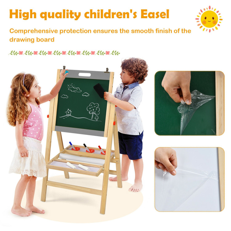 Kids Art Easel with Paper Roll Double Sided Chalkboard and Whiteboard-GrayCostway Gallery View 10 of 12
