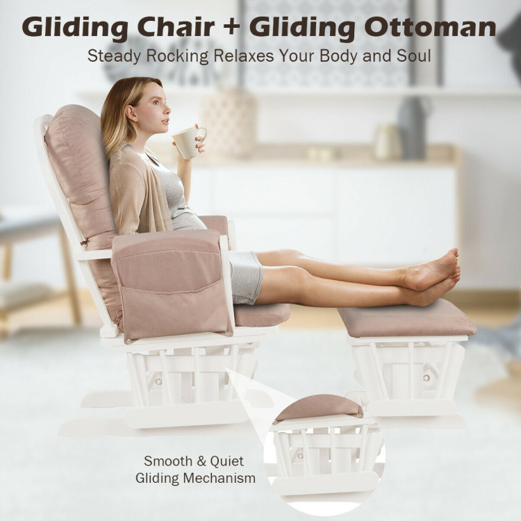 Wood Glider and Ottoman Set with Padded Armrests and Detachable Cushion-PinkCostway Gallery View 7 of 11