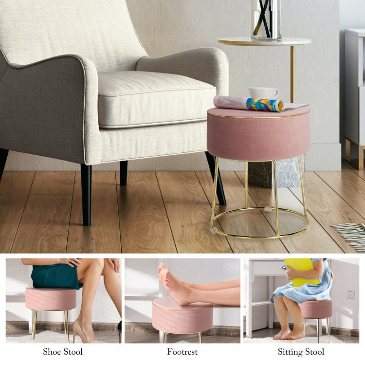 Round Velvet Footrest Stool Ottoman with Non-Slip Foot Pads for Bedside-PinkCostway Gallery View 2 of 12