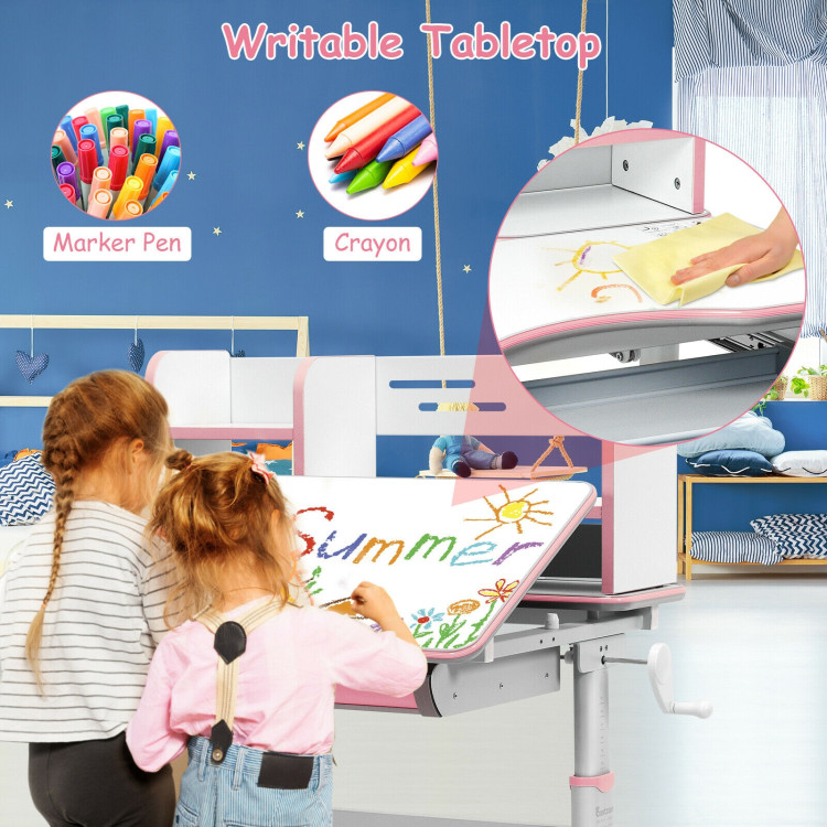 Kids Multifunctional Writing Desk with Tilt Desktop and Book Shelf-PinkCostway Gallery View 8 of 12
