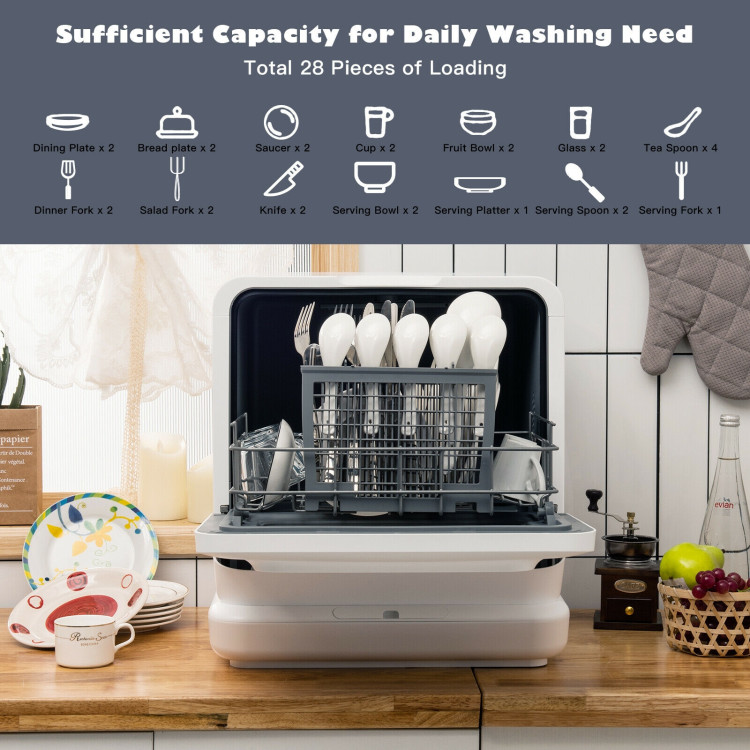 COSTWAY Portable Countertop Dishwasher, Compact Dishwasher with 7.5 L  Built-in Water Tank, 360° Dual Spray Arms, 5 Washing Programs, Air-Dry  Function