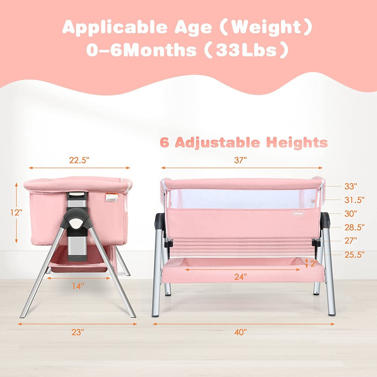 Portable Baby Bedside Sleeper with Adjustable Heights and Angle-PinkCostway Gallery View 4 of 10