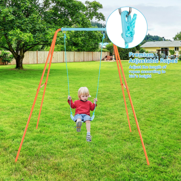 Outdoor Kids Swing Set with Heavy-Duty Metal A-Frame and Ground Stakes-OrangeCostway Gallery View 7 of 12