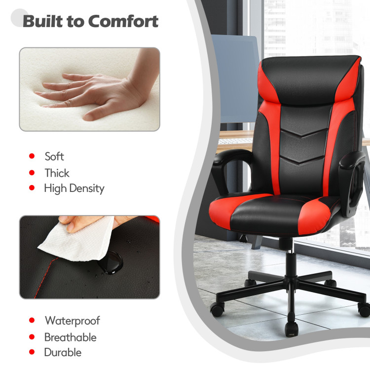 Swivel PU Leather Office Gaming Chair with Padded Armrest-RedCostway Gallery View 13 of 13