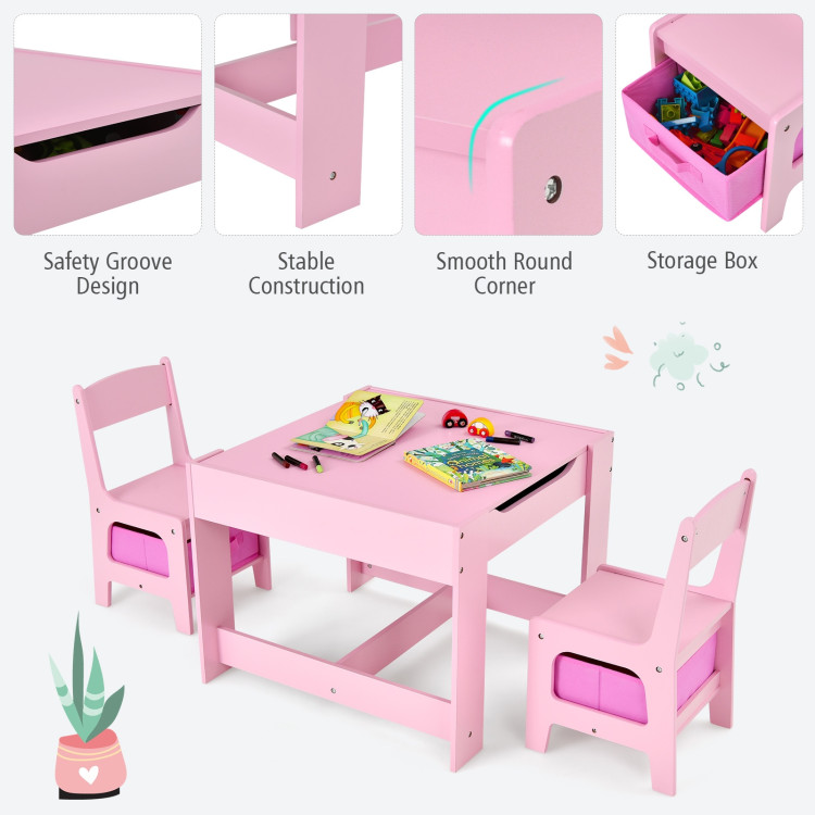 Kids Table Chairs Set With Storage Boxes Blackboard Whiteboard Drawing-PinkCostway Gallery View 6 of 12