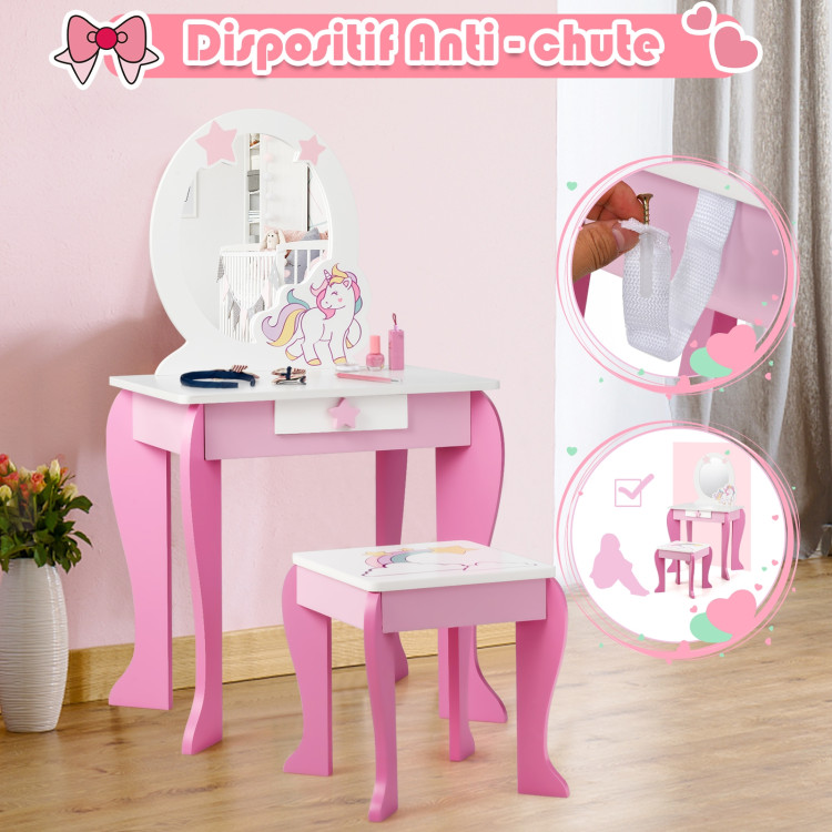 Kids Wooden Makeup Dressing Table and Chair Set with Mirror and DrawerCostway Gallery View 11 of 12