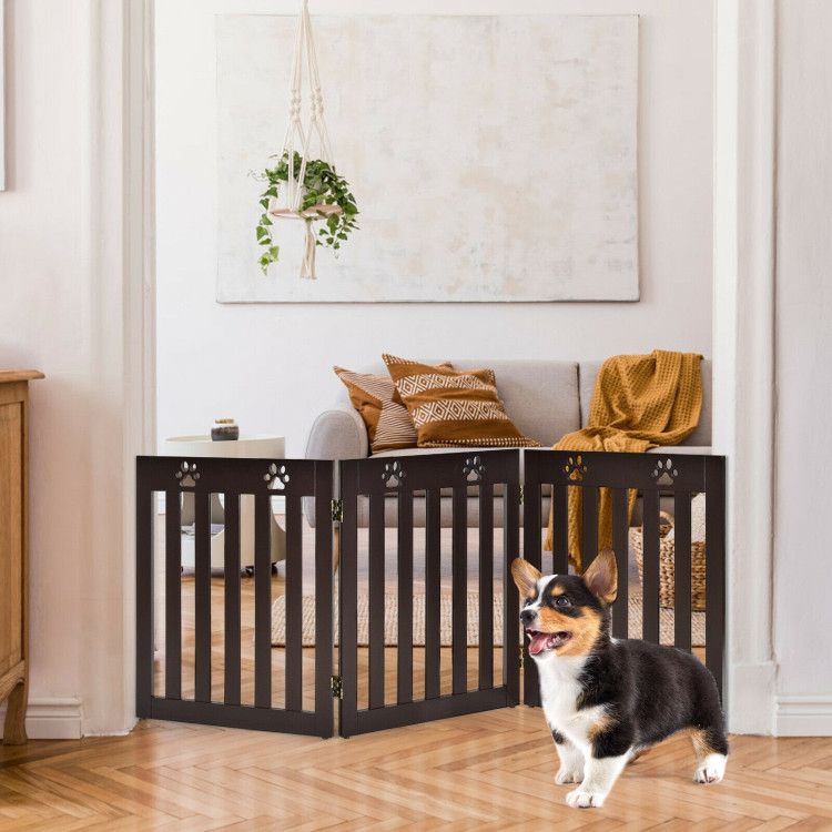 24 Inch Folding Wooden Freestanding Dog Gate with 360° Flexible Hinge for Pet-Dark BrownCostway Gallery View 8 of 13