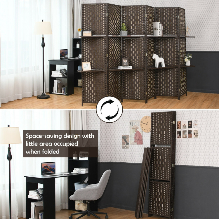 6 Panel Folding Weave Fiber Room Divider with 2 Display Shelves -BrownCostway Gallery View 9 of 11