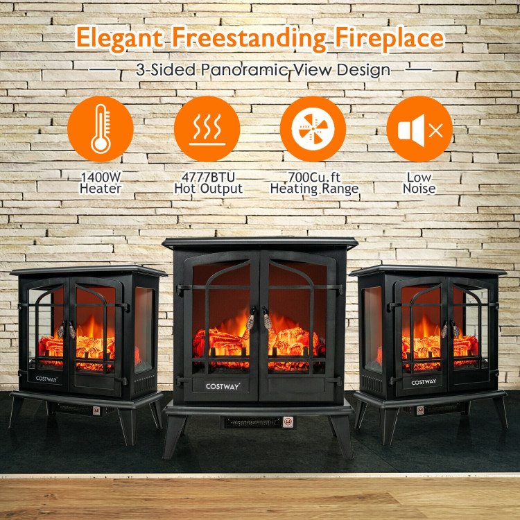 25 Inch Freestanding Electric Fireplace Heater with Realistic Flame effect-BlackCostway Gallery View 9 of 11