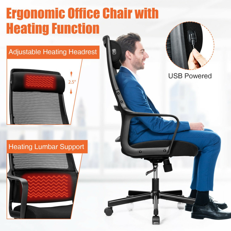 Adjustable Mesh Office Chair with Heating Support Headrest-BlackCostway Gallery View 9 of 10