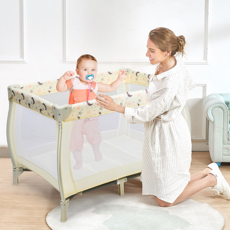 Portable Foldable Baby Playard Nursery Center with Changing Station-BeigeCostway Gallery View 1 of 10