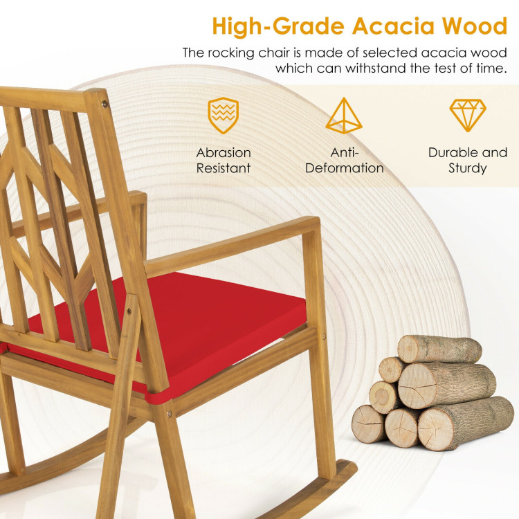 Patio Acacia Wood Rocking Chair Sofa with Armrest and Cushion for Garden and Deck-RedCostway Gallery View 8 of 10