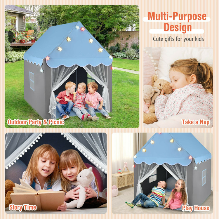 Kids Playhouse Tent with Star Lights and Mat-BlueCostway Gallery View 11 of 12