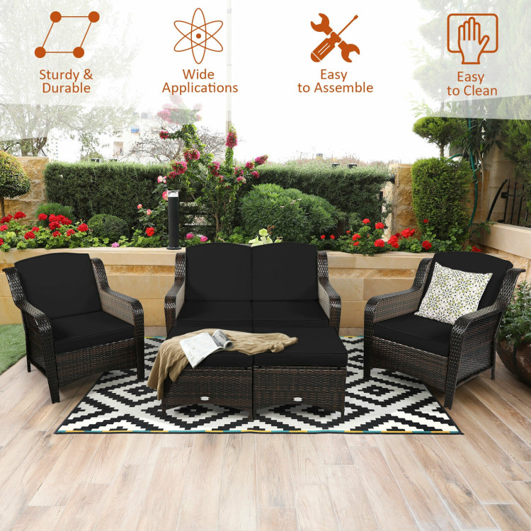 5 Pieces Patio Rattan Sofa Set with Cushion and Ottoman-BlackCostway Gallery View 2 of 12