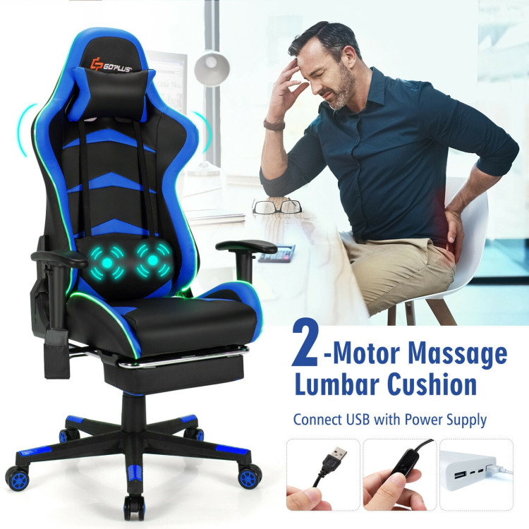 Massage LED Gaming Chair with Lumbar Support and Footrest-BlueCostway Gallery View 7 of 10