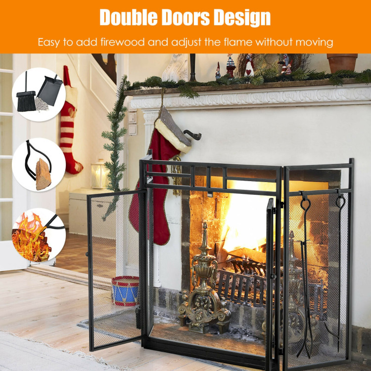 3-Panel Folding Wrought Iron Fireplace Screen with Doors and 4 Pieces Tools Set-BlackCostway Gallery View 7 of 10