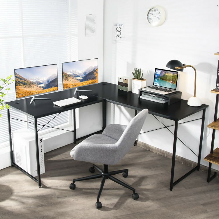95 Inch 2-Person L-Shaped Long Reversible Computer Desk with Monitor Stand-BlackCostway Gallery View 2 of 11