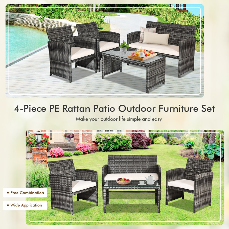 4 Pcs Patio Rattan Furniture Set Top Sofa With Glass Table-WhiteCostway Gallery View 8 of 10