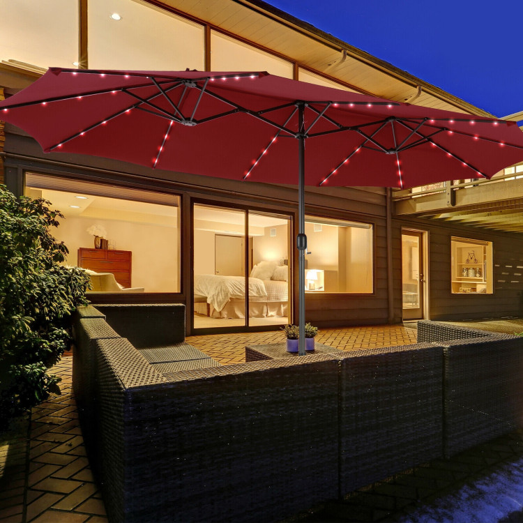 15 Ft Patio LED Crank Solar Powered 36 Lights  Umbrella without Weight Base-Dark RedCostway Gallery View 6 of 11