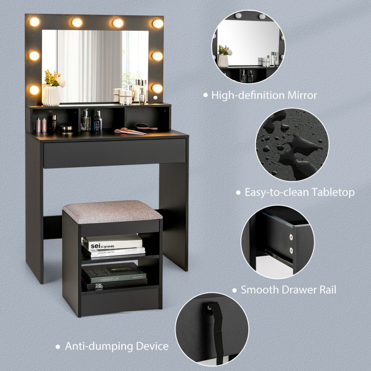 Vanity Table Set with Lighted Mirror and Cushion Stool-BlackCostway Gallery View 5 of 11