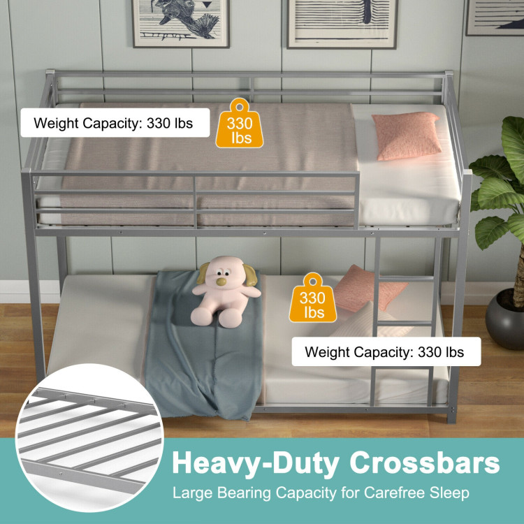 Sturdy Metal Bunk Bed Frame Twin Over Twin with Safety Guard Rails and Side Ladder-SilverCostway Gallery View 9 of 13