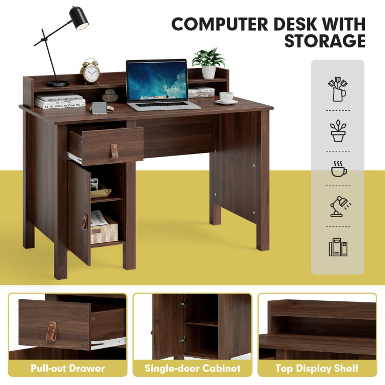 48 Inch Computer Desk Writing Workstation with Drawer and Hutch Walnut-WalnutCostway Gallery View 3 of 12