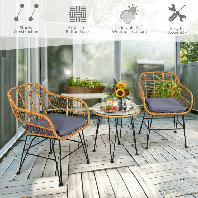 3 Pieces Rattan Furniture Set with Cushioned Chair Table-GrayCostway Gallery View 3 of 12