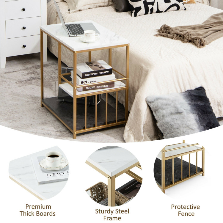 3-Tier Multi-function Marble End Table with Storage Shelf-GoldenCostway Gallery View 5 of 10
