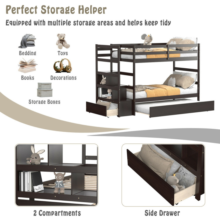 Twin Over Twin Bunk Bed with Storage Shelf and Drawer-Dark BrownCostway Gallery View 5 of 9